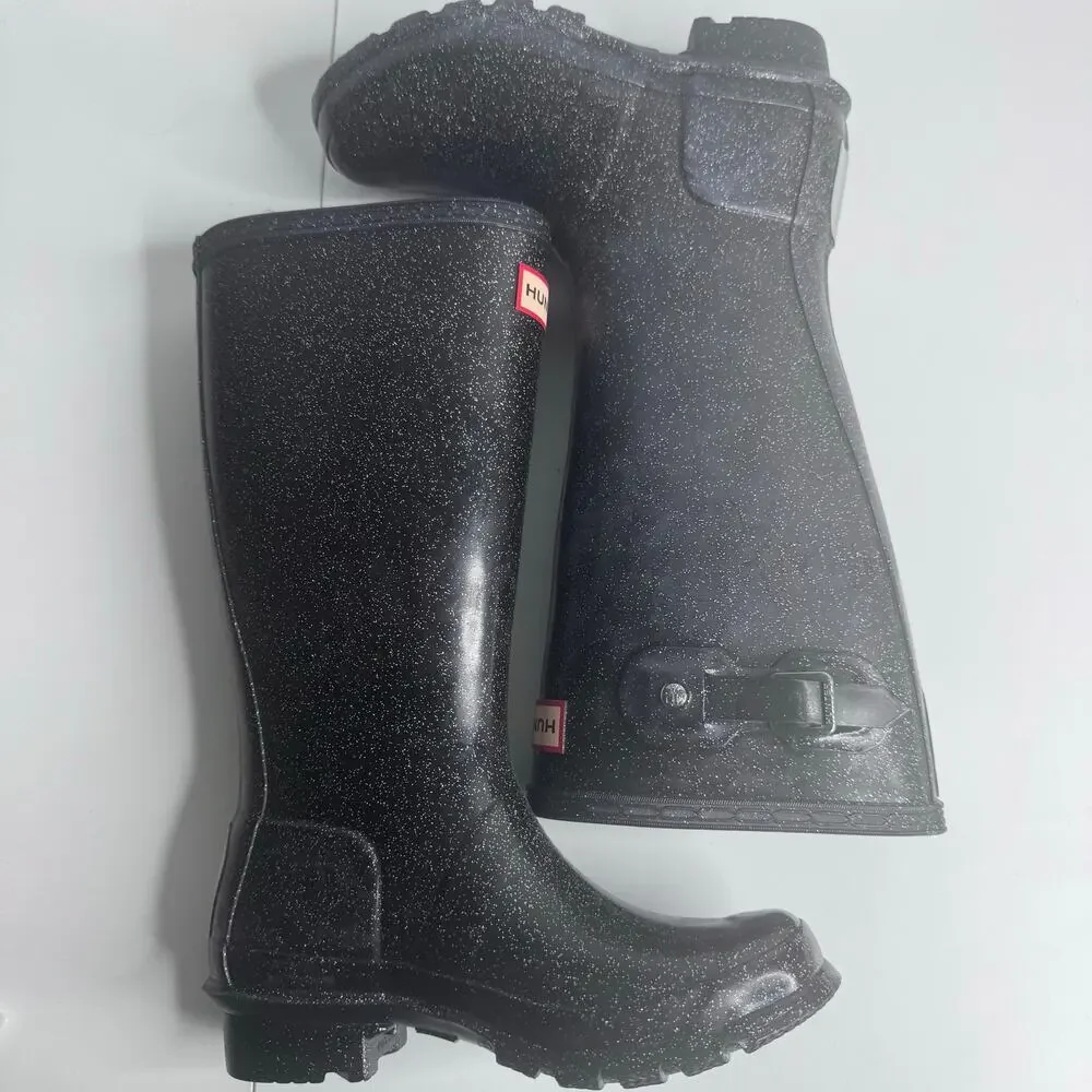 Hunter Big Kids Original Giant Glitter Girls 1 Rain Boots, Black